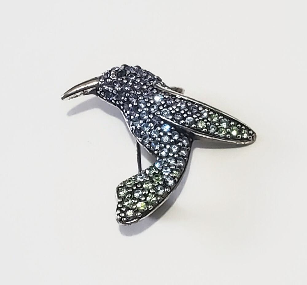 Monet Blue & Green Rhinestone Silver Tone Hummingbird Pin